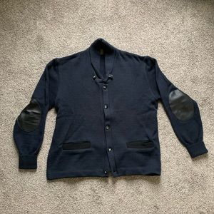 Navy Blue Schott Brothers Heavyweight Cardigan with Leather Elbow Patches